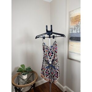 Angie Tribal Geometric Print Strapless Romper Black Blue Orange Rayon Medium